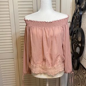 MOA MOA S Boho pale pink off the shoulder blouse with lace trip and tie wrists